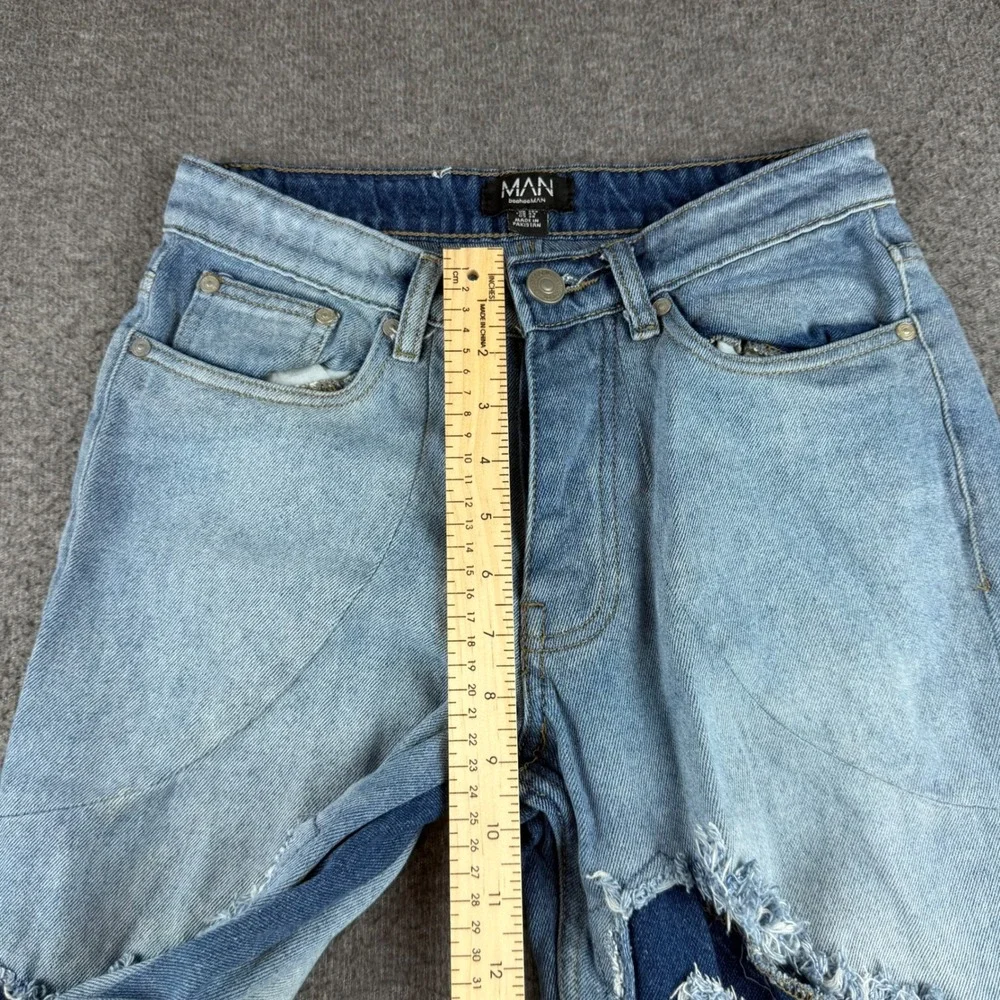 boohooMAN Jeans Men's 28 Blue Distressed Patchwork Straight Leg Streetwear